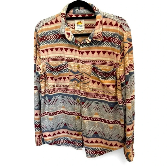 C&C California Aztec Print Button Down Stretch Shirt with Pocket Size Large - Picture 1 of 7